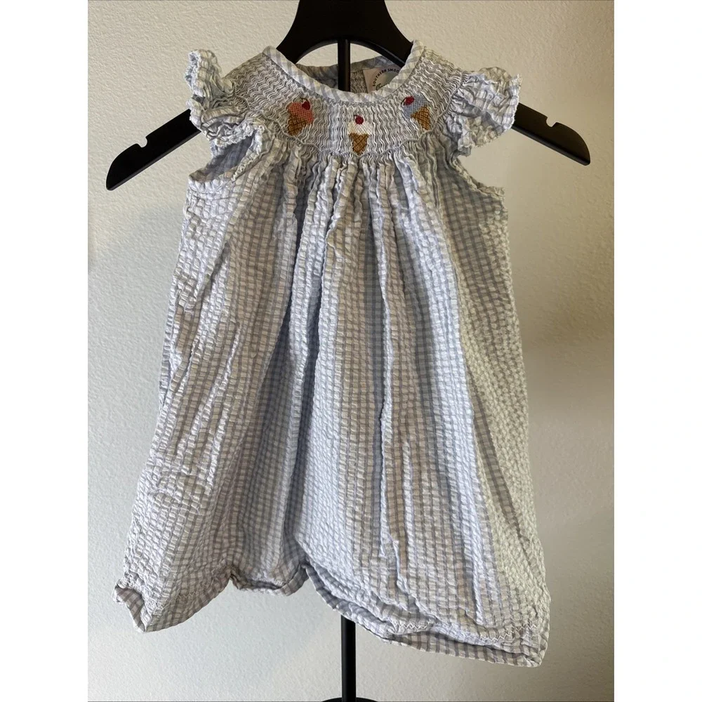 JoJo Maman Bébé Baby Girl Seersucker Stripe Dress 6–12M Embroidered Strawberries